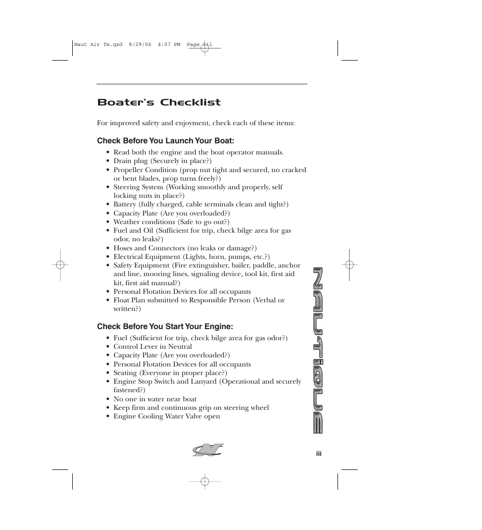 Boater’s checklist | Nautique 220 User Manual | Page 4 / 198