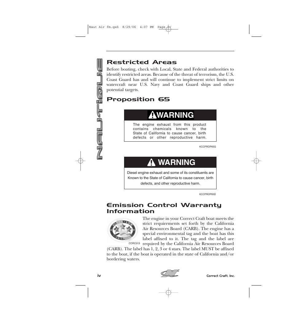 Warning, Restricted areas | Nautique 220 User Manual | Page 5 / 198