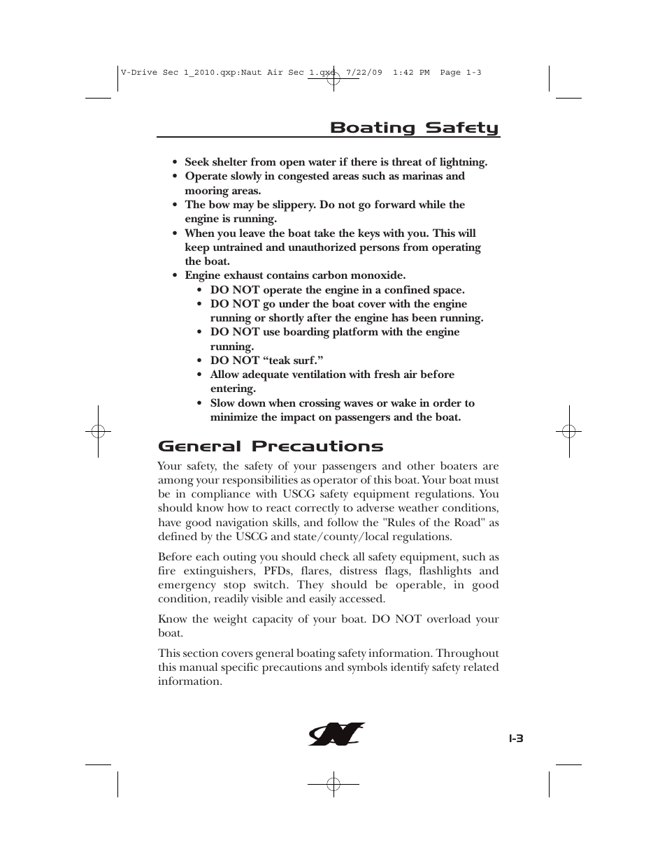 General precautions, Boating safety | Nautique 230 User Manual | Page 13 / 248