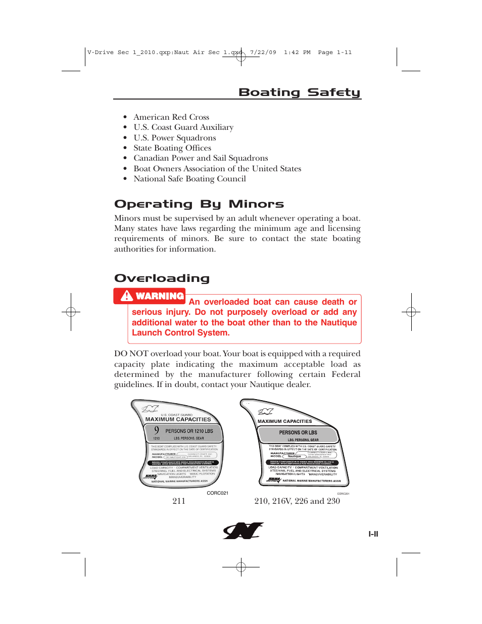 Boating safety, Operating by minors, Overloading | Nautique 230 User Manual | Page 21 / 248