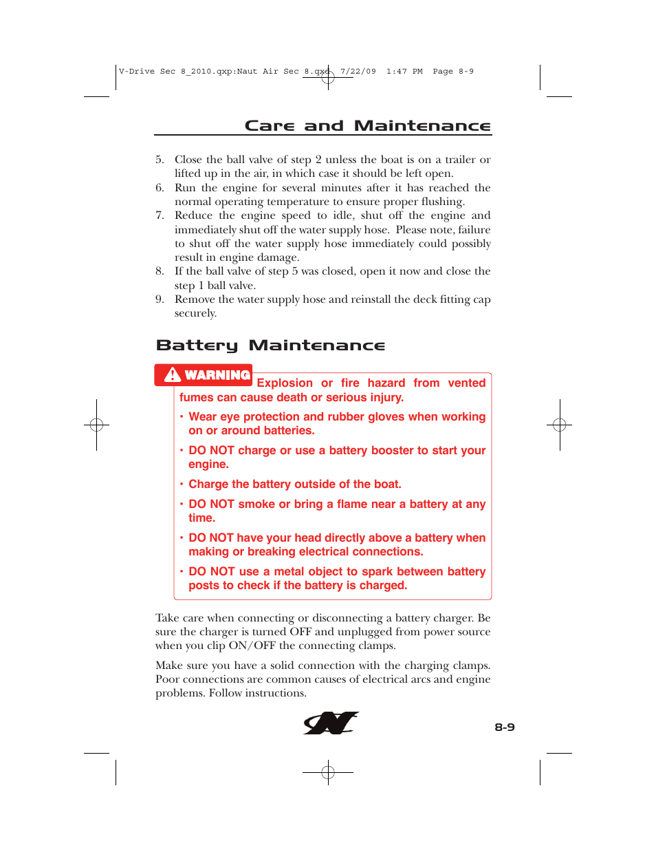 Care and maintenance, Battery maintenance | Nautique 230 User Manual | Page 211 / 248