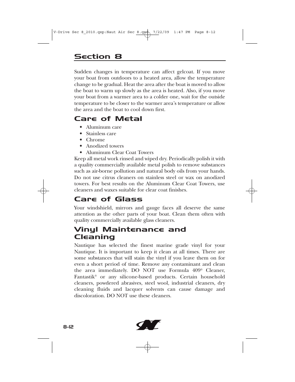 Care of metal, Care of glass, Vinyl maintenance and cleaning | Nautique 230 User Manual | Page 214 / 248