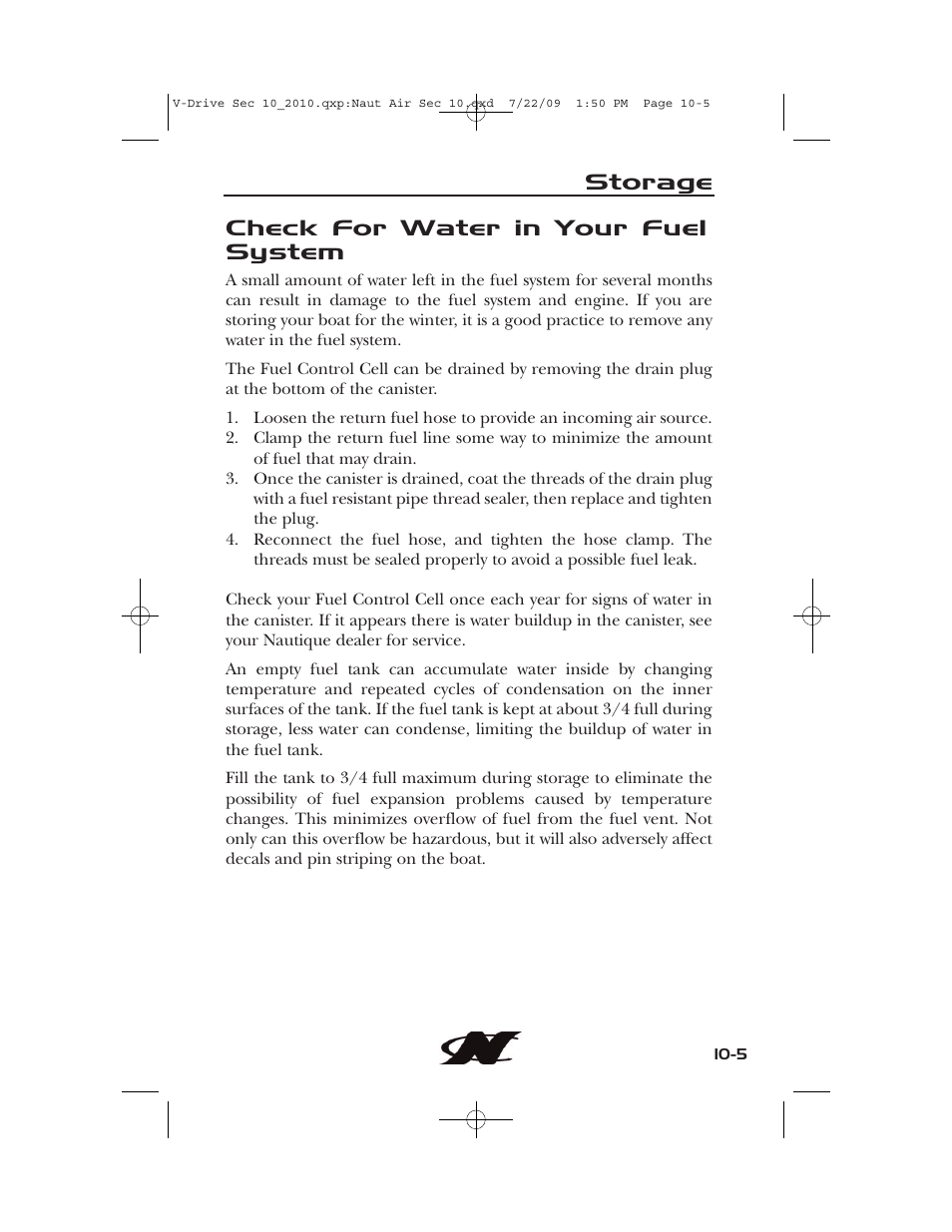 Storage, Check for water in your fuel system | Nautique 230 User Manual | Page 229 / 248