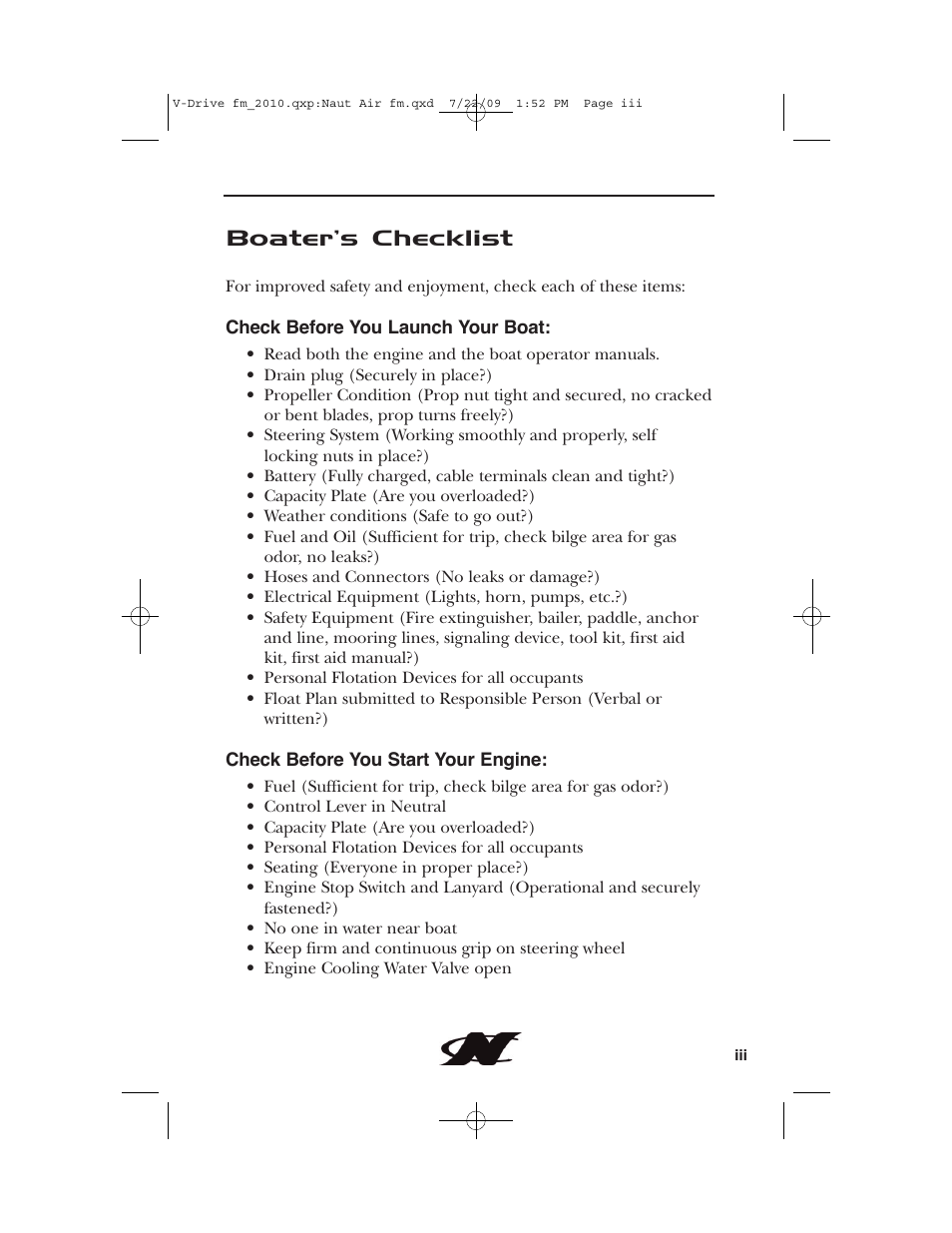 Boater’s checklist | Nautique 230 User Manual | Page 3 / 248