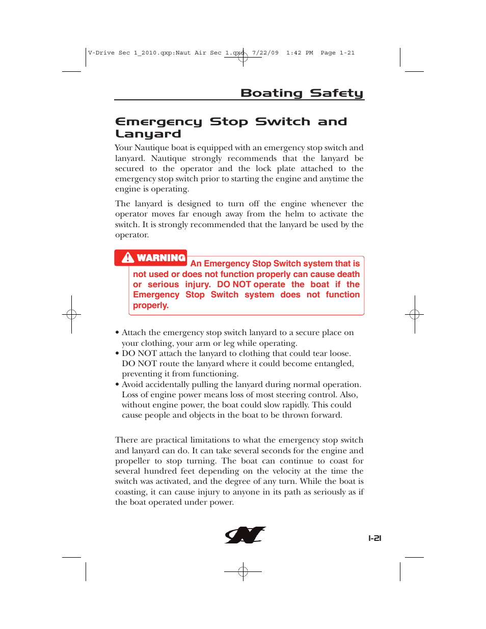 Boating safety emergency stop switch and lanyard | Nautique 230 User Manual | Page 31 / 248