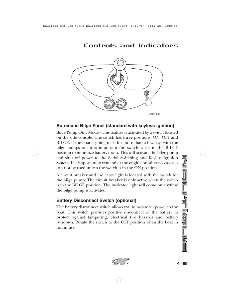 Controls and indicators, Battery disconnect switch (optional) | Nautique 2008 70141 User Manual | Page 115 / 188