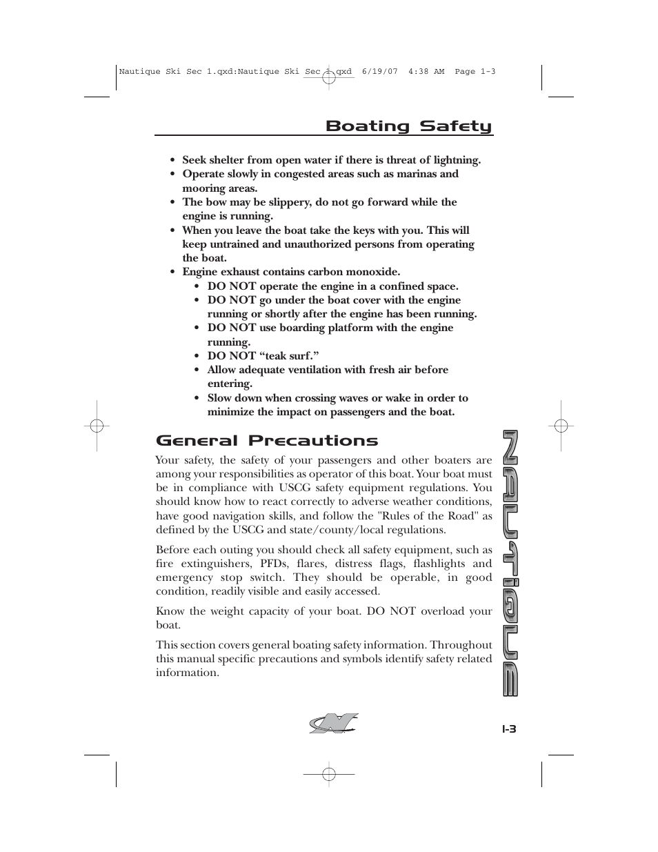 General precautions, Boating safety | Nautique 2008 70141 User Manual | Page 13 / 188