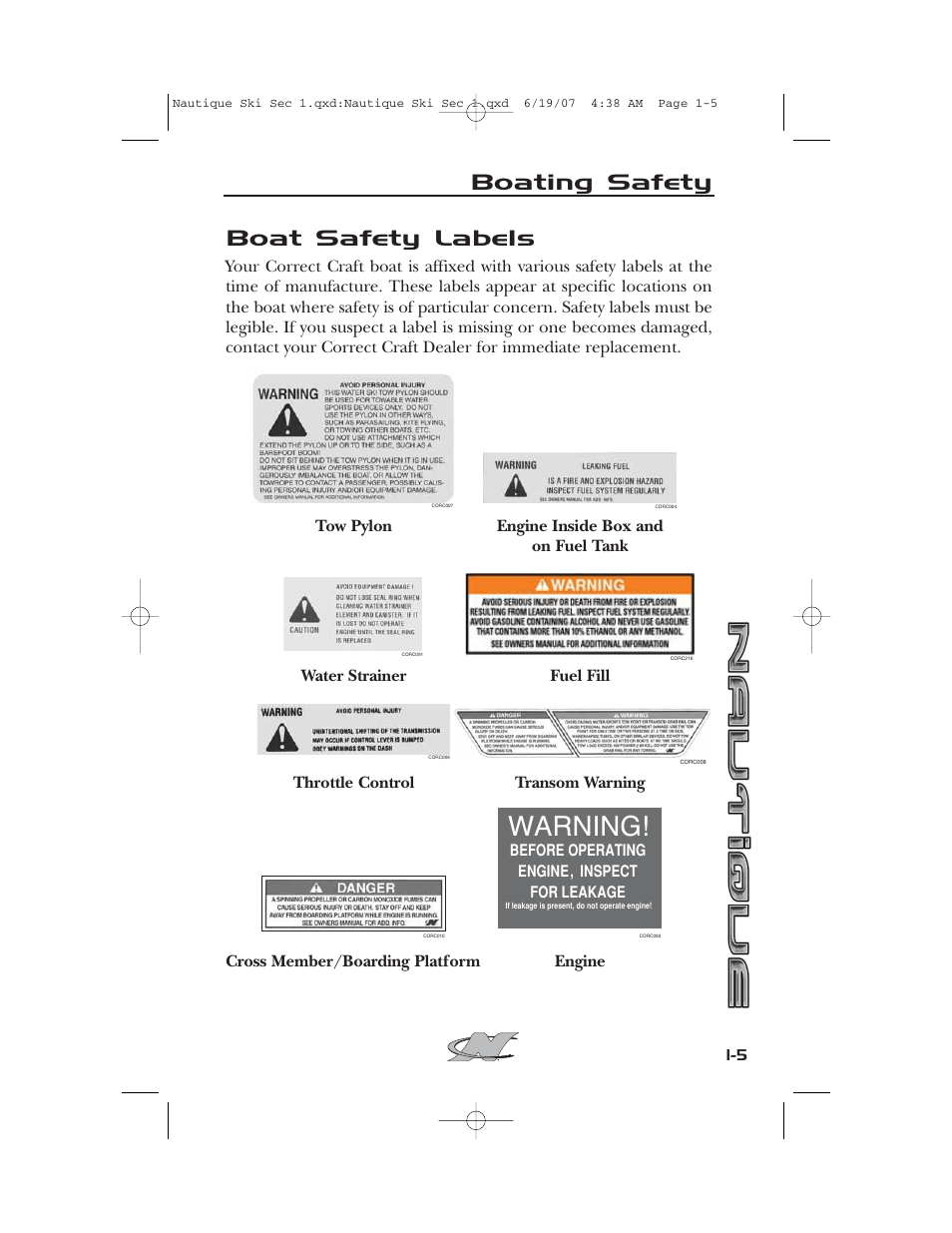 Warning, Boat safety labels, Boating safety | Nautique 2008 70141 User Manual | Page 15 / 188