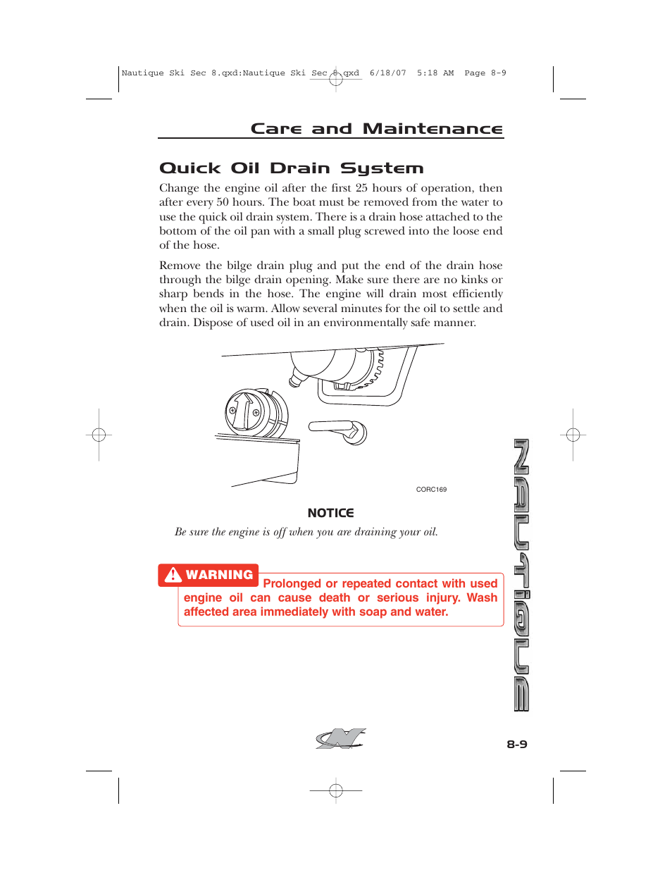 Quick oil drain system, Care and maintenance | Nautique 2008 70141 User Manual | Page 155 / 188