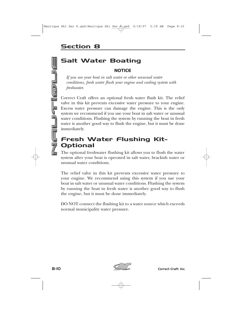 Salt water boating, Fresh water flushing kit- optional | Nautique 2008 70141 User Manual | Page 156 / 188