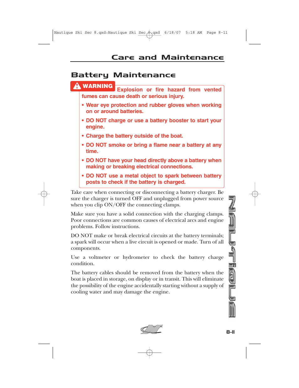 Battery maintenance, Care and maintenance | Nautique 2008 70141 User Manual | Page 157 / 188