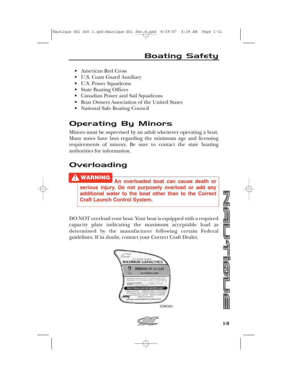 Operating by minors, Overloading, Boating safety | Nautique 2008 70141 User Manual | Page 21 / 188