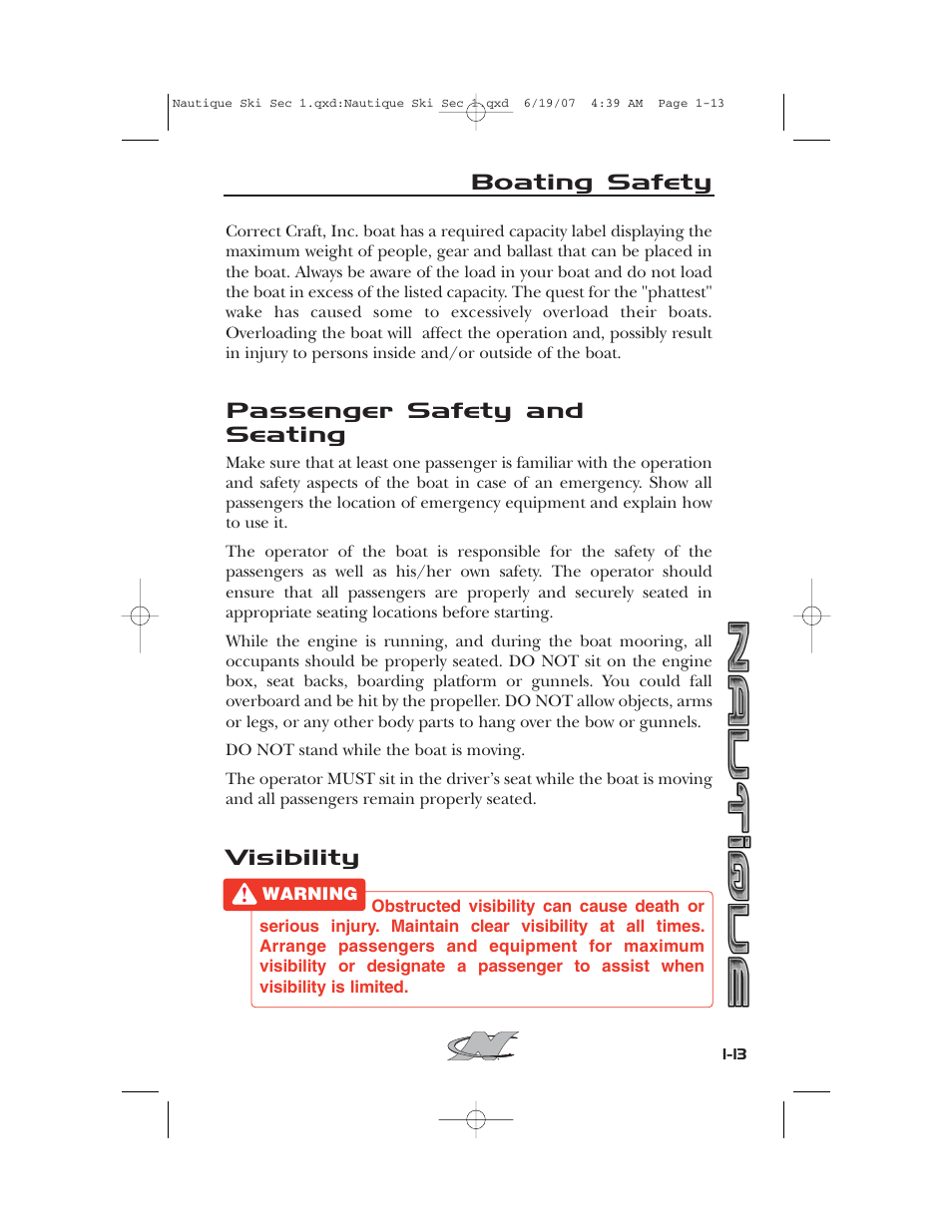 Boating safety, Passenger safety and seating, Visibility | Nautique 2008 70141 User Manual | Page 23 / 188