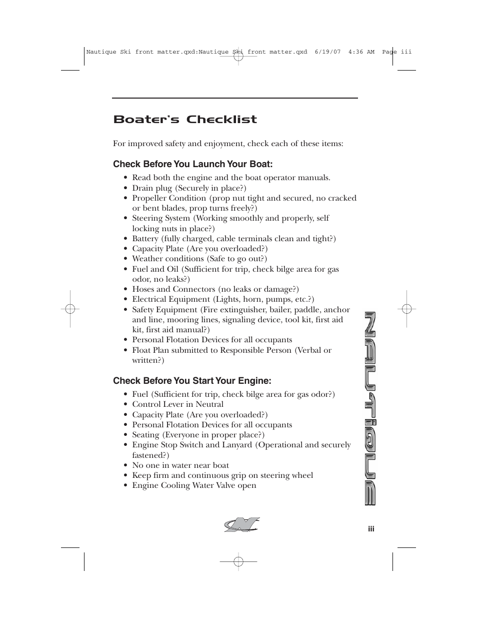 Boater’s checklist | Nautique 2008 70141 User Manual | Page 3 / 188