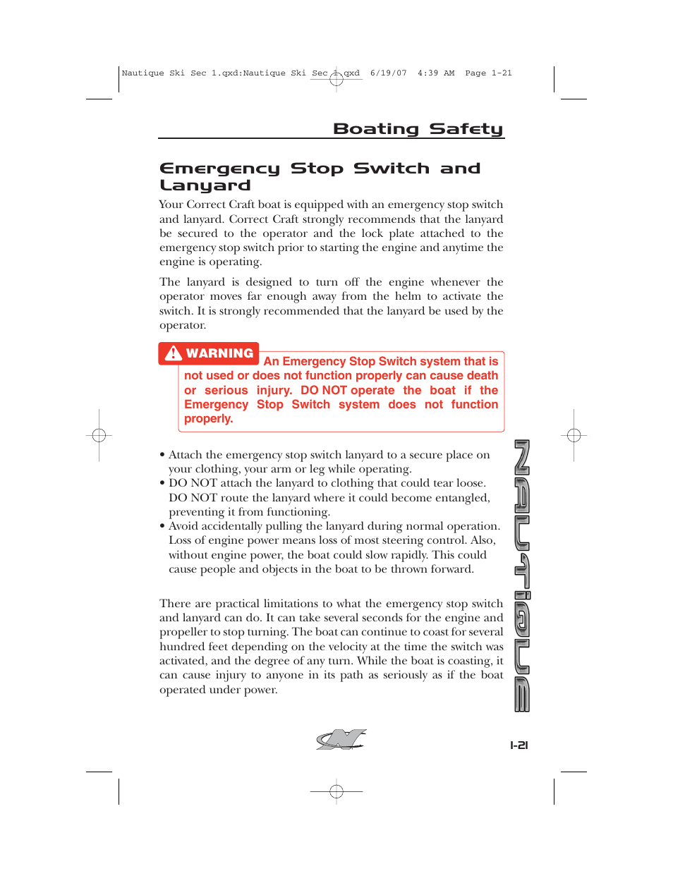 Emergency stop switch and lanyard, Boating safety | Nautique 2008 70141 User Manual | Page 31 / 188