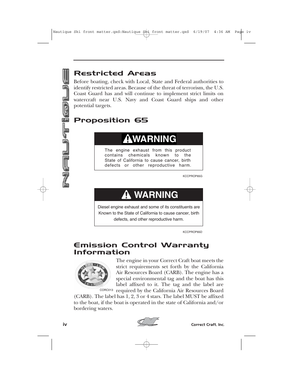 Warning, Restricted areas | Nautique 2008 70141 User Manual | Page 4 / 188