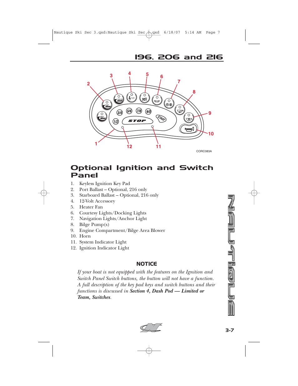 Optional ignition and switch panel | Nautique 2008 70141 User Manual | Page 63 / 188