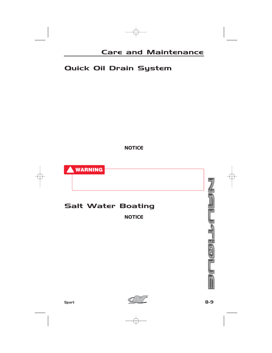 Quick oil drain system, Salt water boating, Care and maintenance | Nautique SPORT NAUTIQUE 216 User Manual | Page 152 / 188