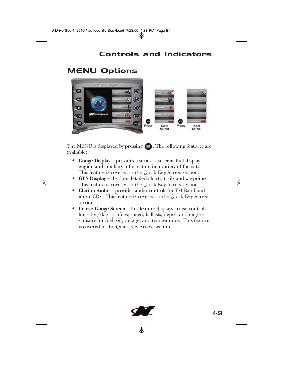 Menu options, Controls and indicators | Nautique 100077 User Manual | Page 123 / 228