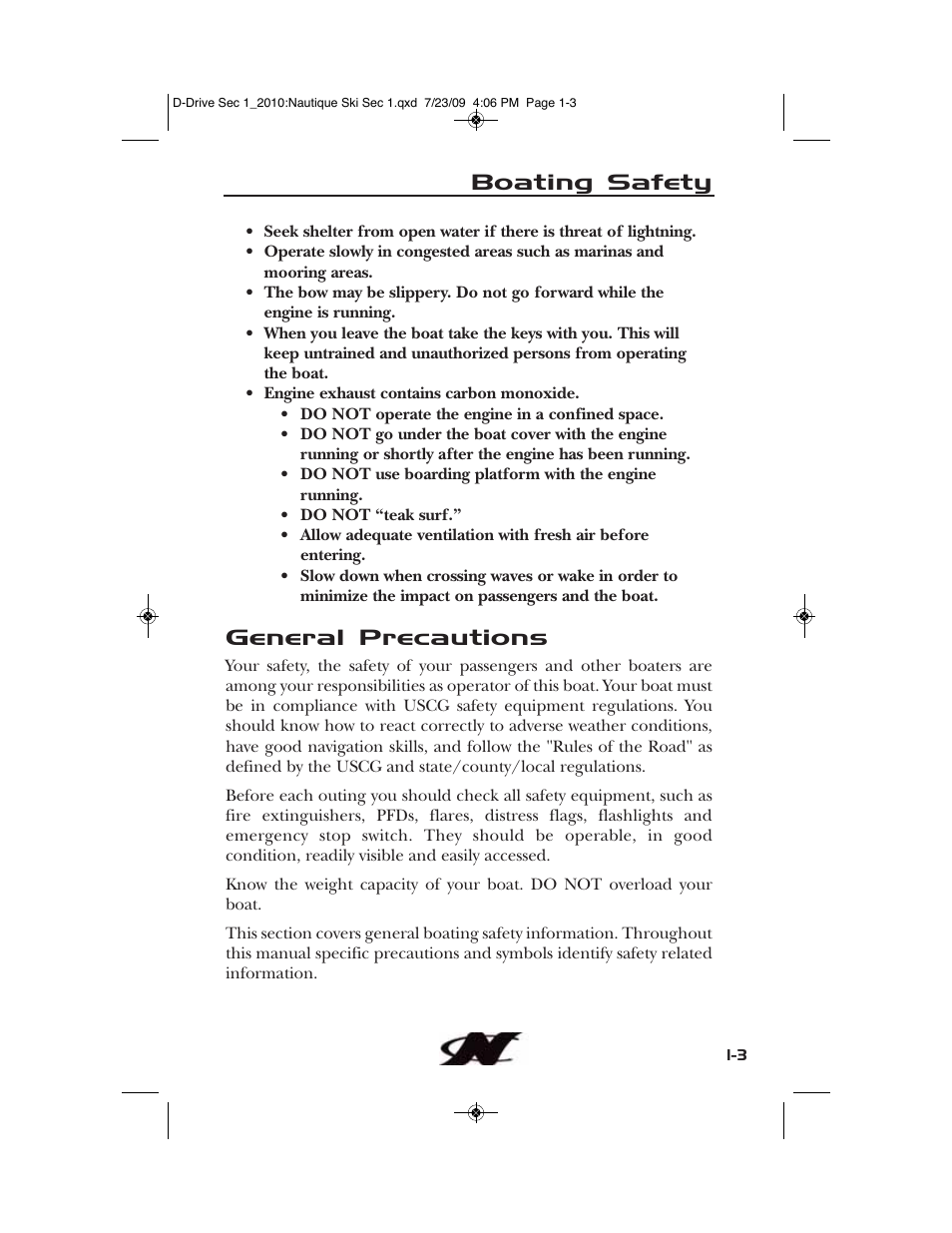 General precautions, Boating safety | Nautique 100077 User Manual | Page 13 / 228