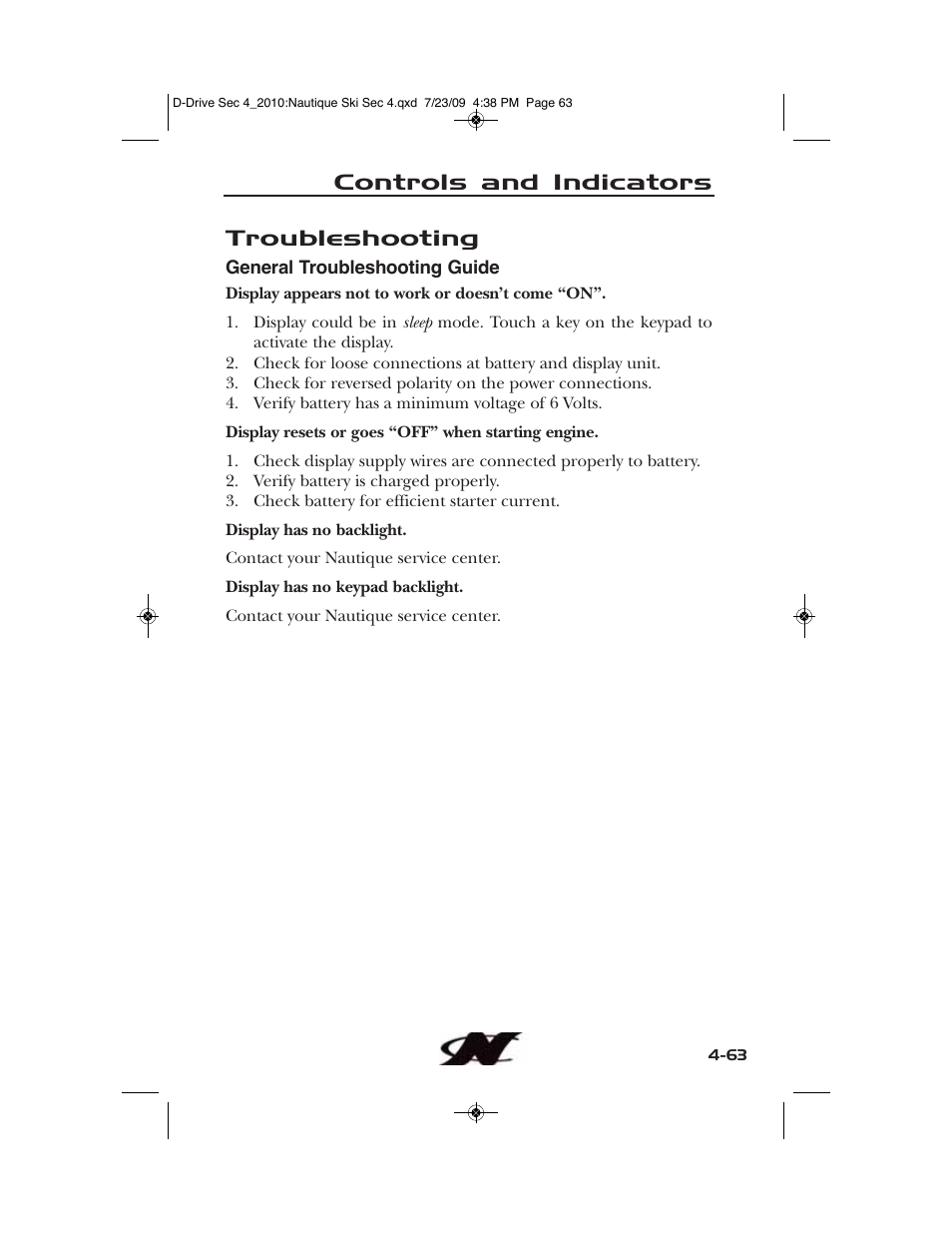 Troubleshooting, Controls and indicators | Nautique 100077 User Manual | Page 135 / 228