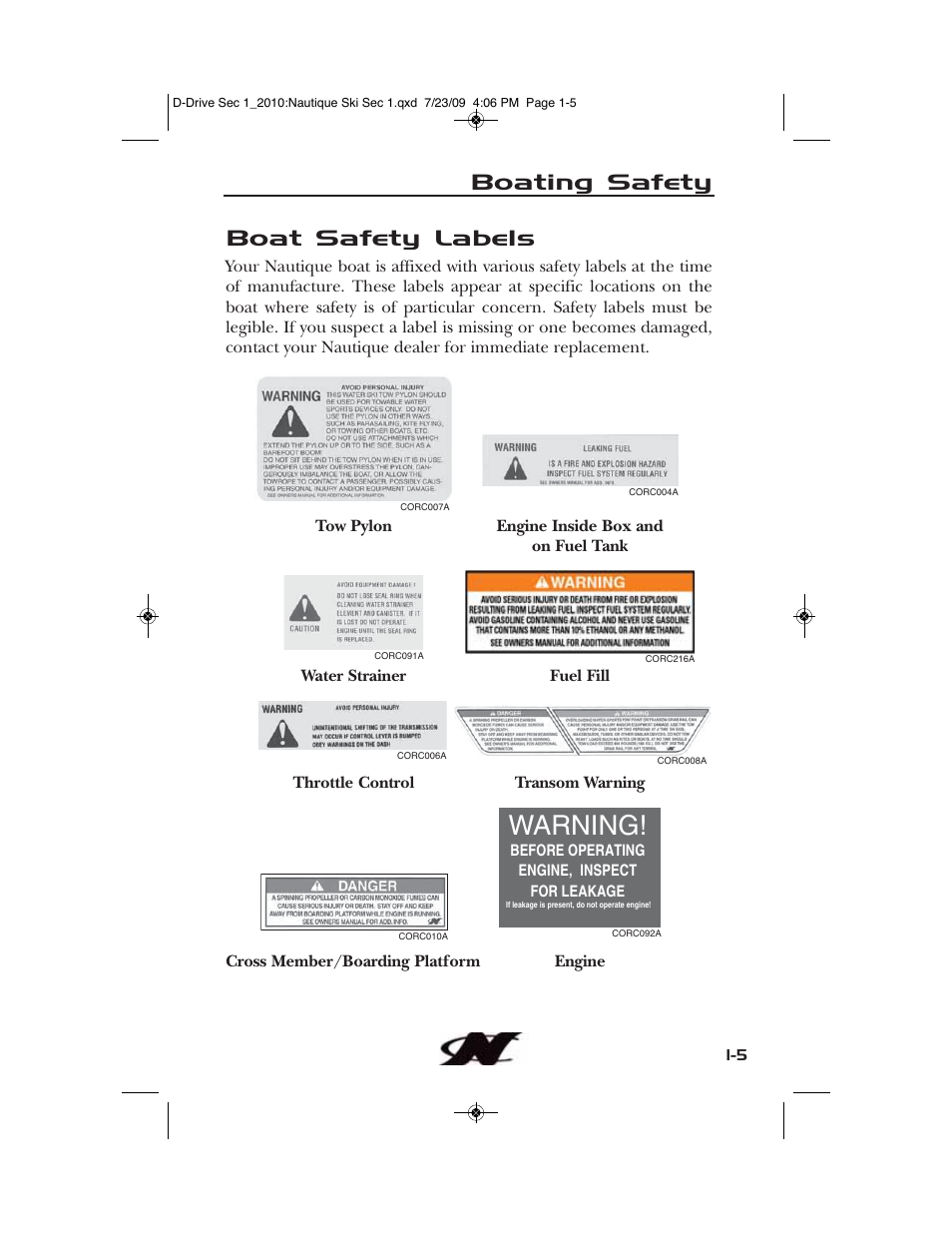 Warning, Boat safety labels, Boating safety | Nautique 100077 User Manual | Page 15 / 228