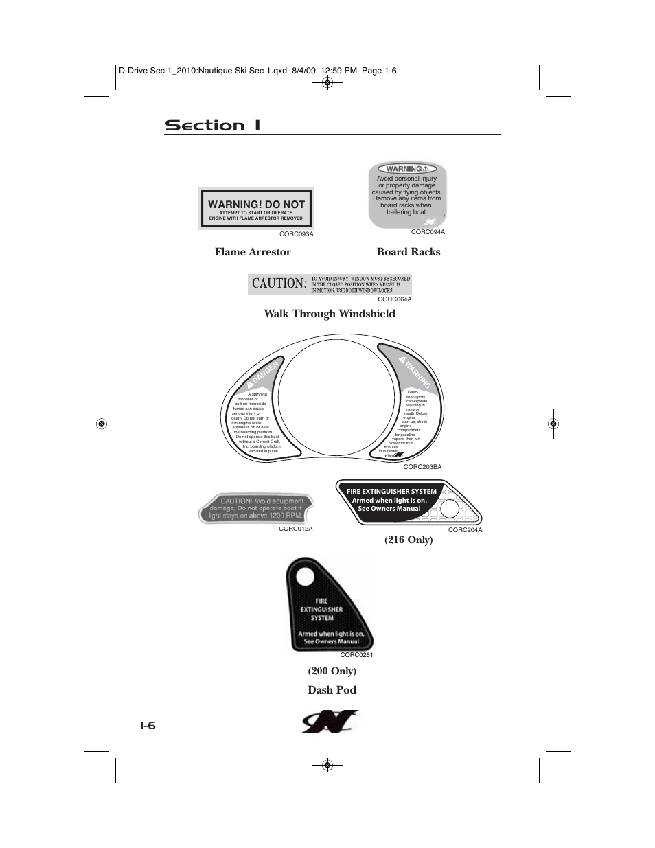 Flame arrestor board racks walk through windshield, Dash pod, Warning! do not | Nautique 100077 User Manual | Page 16 / 228