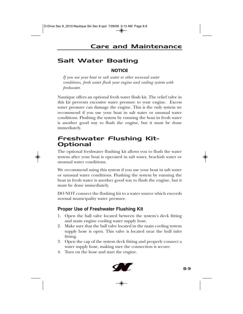 Care and maintenance salt water boating, Freshwater flushing kit- optional | Nautique 100077 User Manual | Page 191 / 228