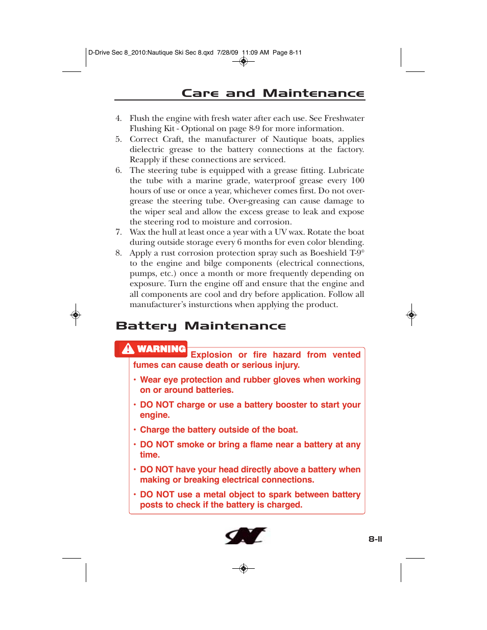 Care and maintenance, Battery maintenance | Nautique 100077 User Manual | Page 193 / 228