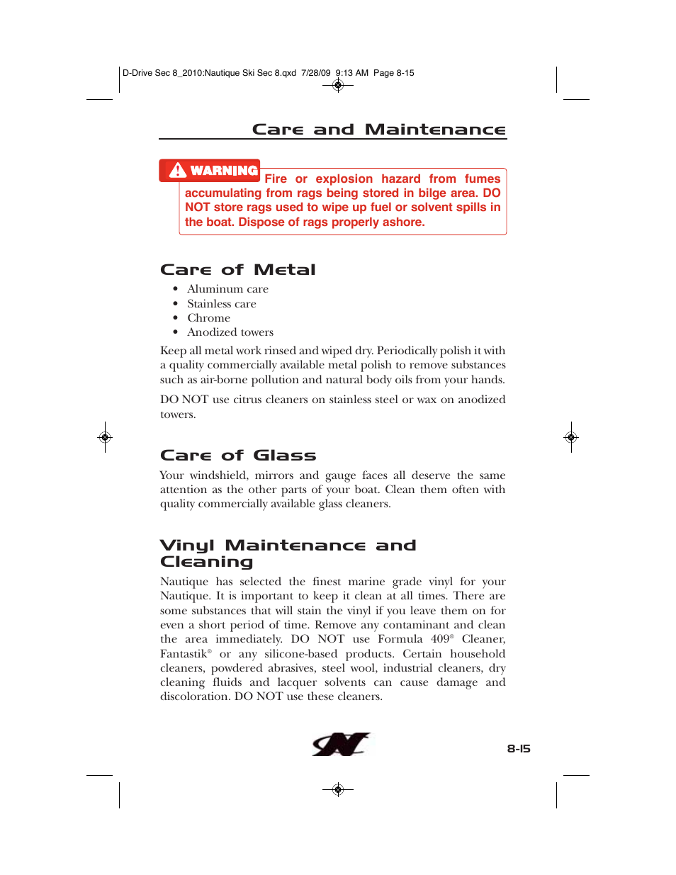 Care and maintenance care of metal, Care of glass, Vinyl maintenance and cleaning | Nautique 100077 User Manual | Page 197 / 228