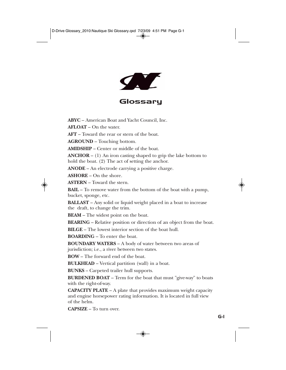 Glossary | Nautique 100077 User Manual | Page 215 / 228