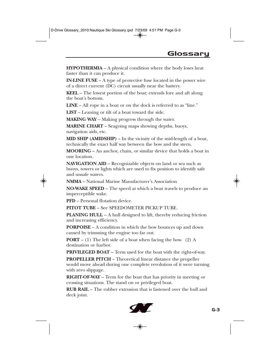 Glossary | Nautique 100077 User Manual | Page 217 / 228