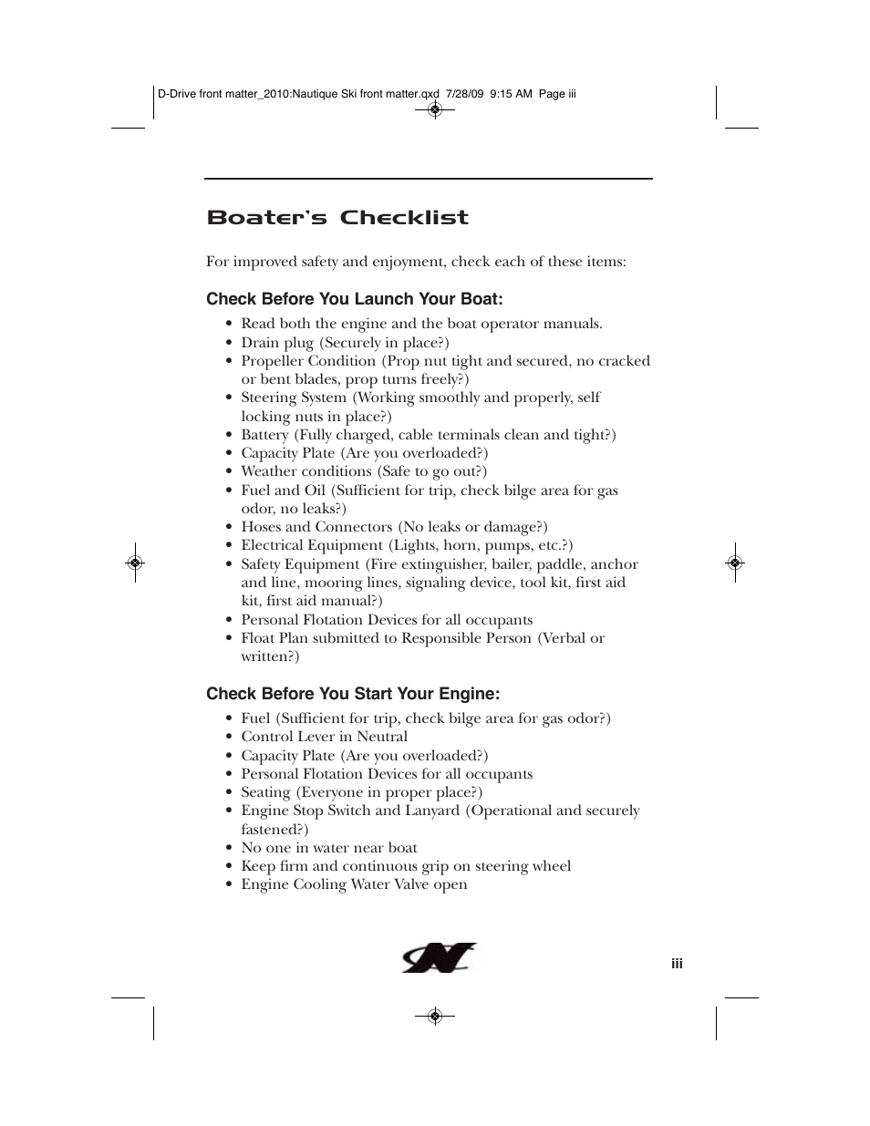 Boater’s checklist | Nautique 100077 User Manual | Page 3 / 228