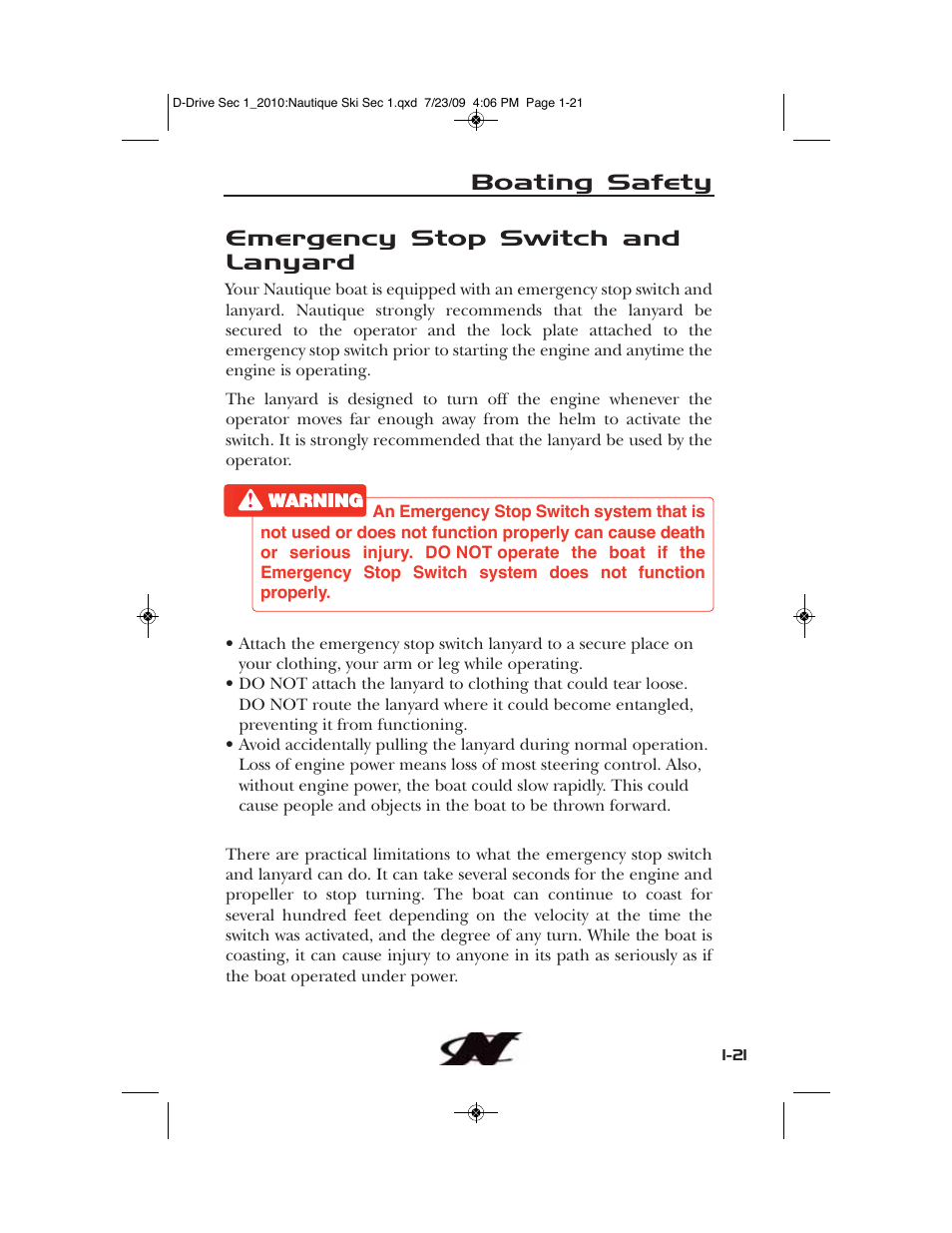 Boating safety emergency stop switch and lanyard | Nautique 100077 User Manual | Page 31 / 228