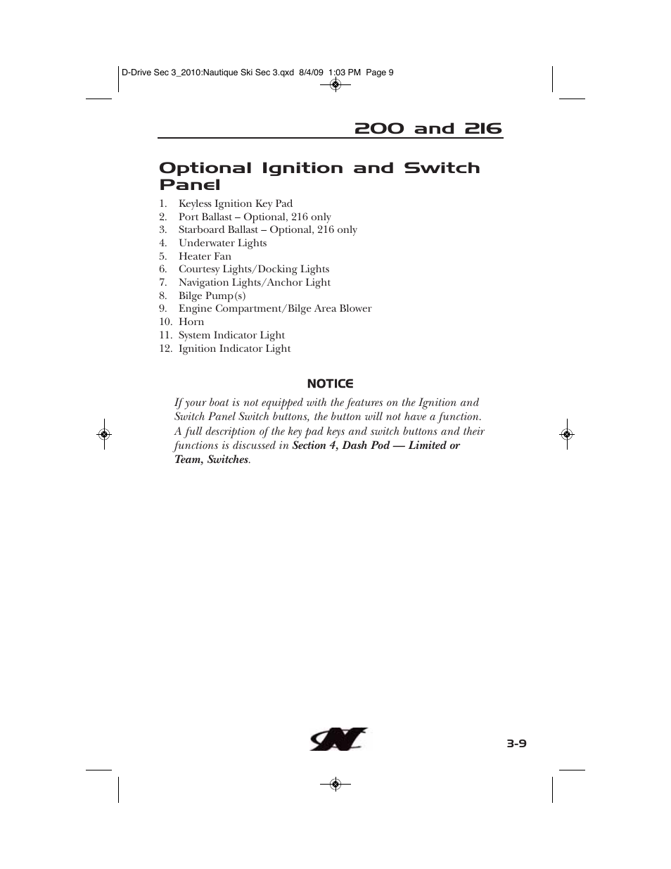 Optional ignition and switch panel | Nautique 100077 User Manual | Page 65 / 228