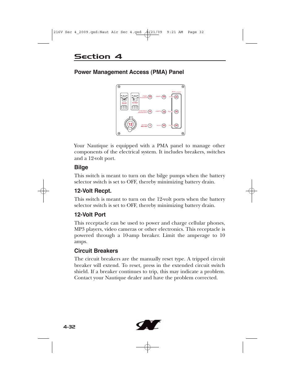 Power management access (pma) panel, Bilge, Volt recpt | Volt port, Circuit breakers | Nautique Crossover 90490 User Manual | Page 100 / 198