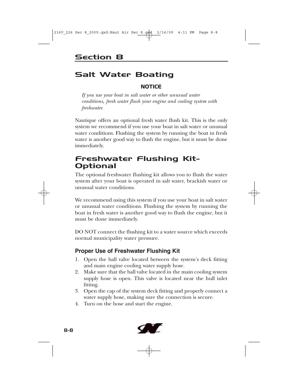 Salt water boating, Freshwater flushing kit- optional | Nautique Crossover 90490 User Manual | Page 162 / 198