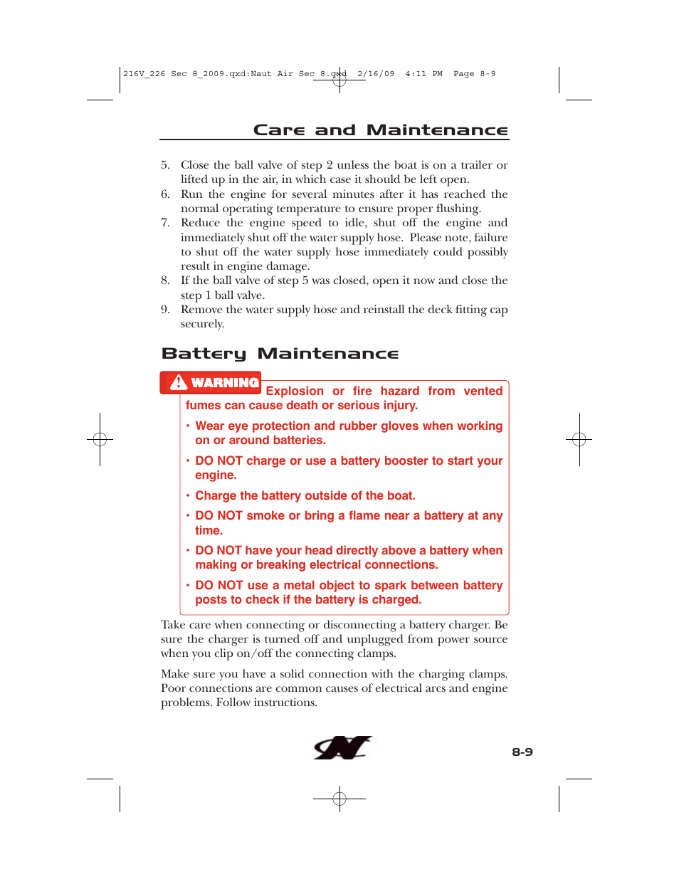 Care and maintenance, Battery maintenance | Nautique Crossover 90490 User Manual | Page 163 / 198