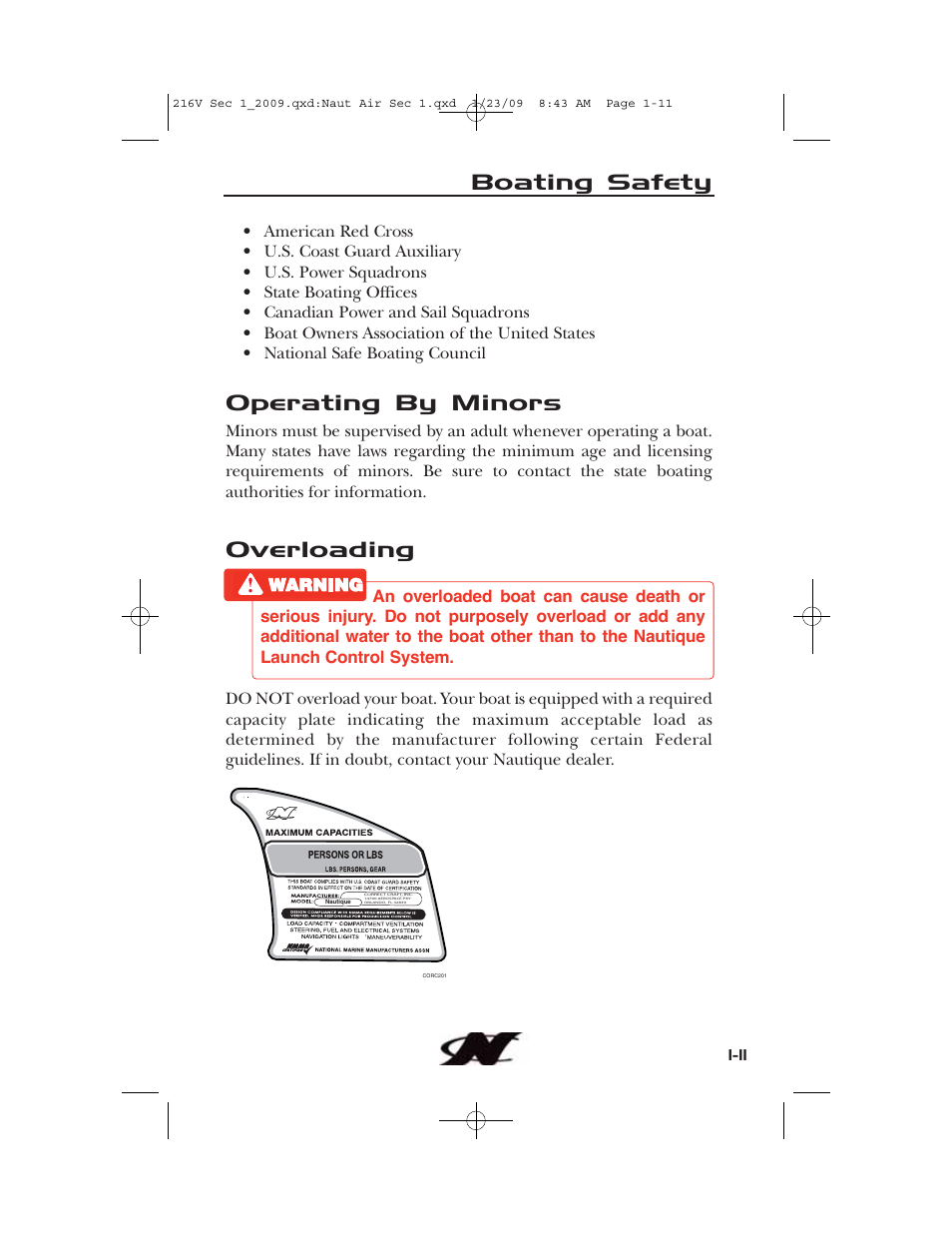 Boating safety, Operating by minors, Overloading | Nautique Crossover 90490 User Manual | Page 21 / 198