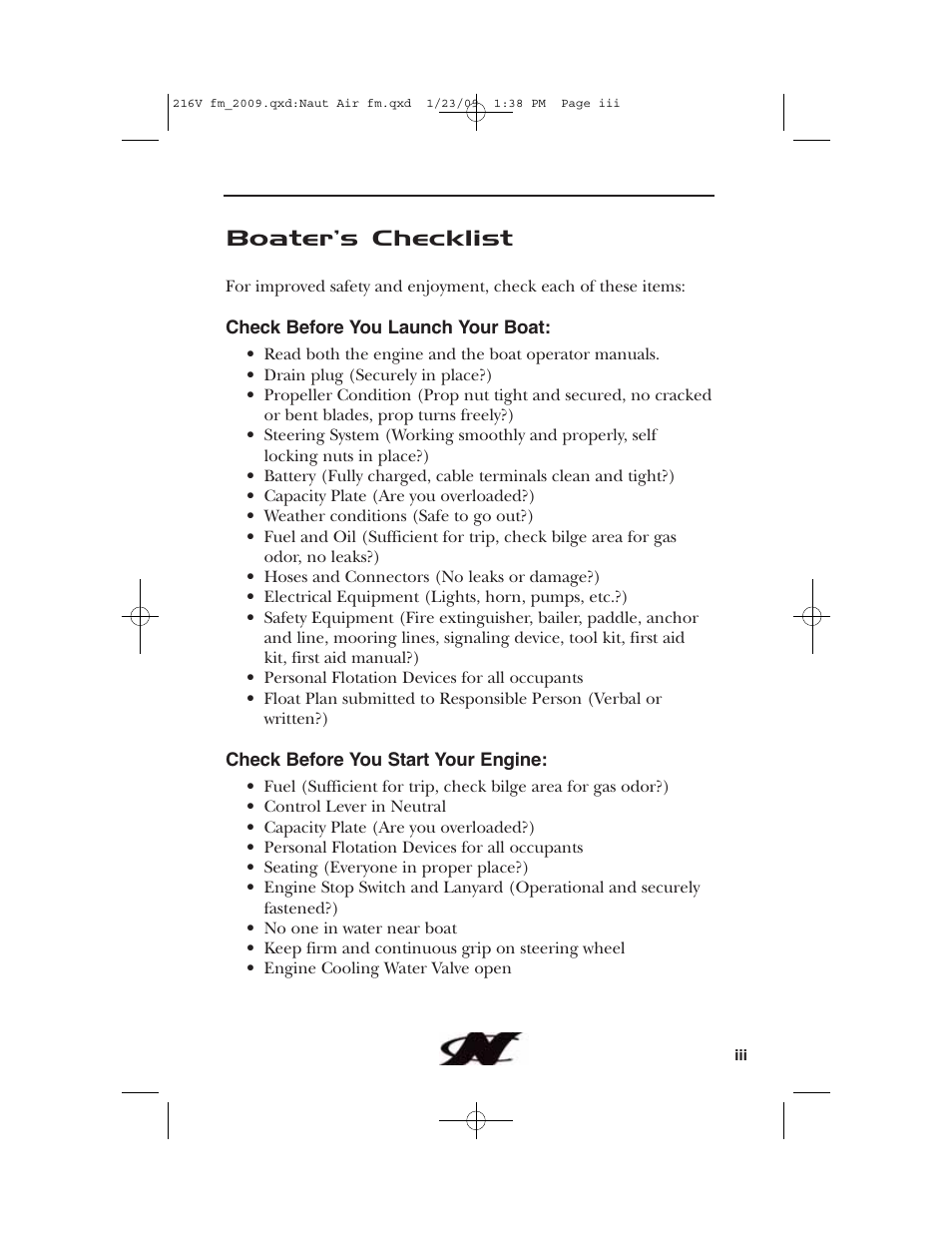 Boater’s checklist | Nautique Crossover 90490 User Manual | Page 3 / 198