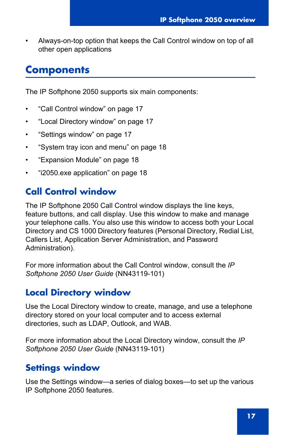 Components, Call control window, Local directory window | Settings window | Nortel Networks i2050 User Manual | Page 17 / 56