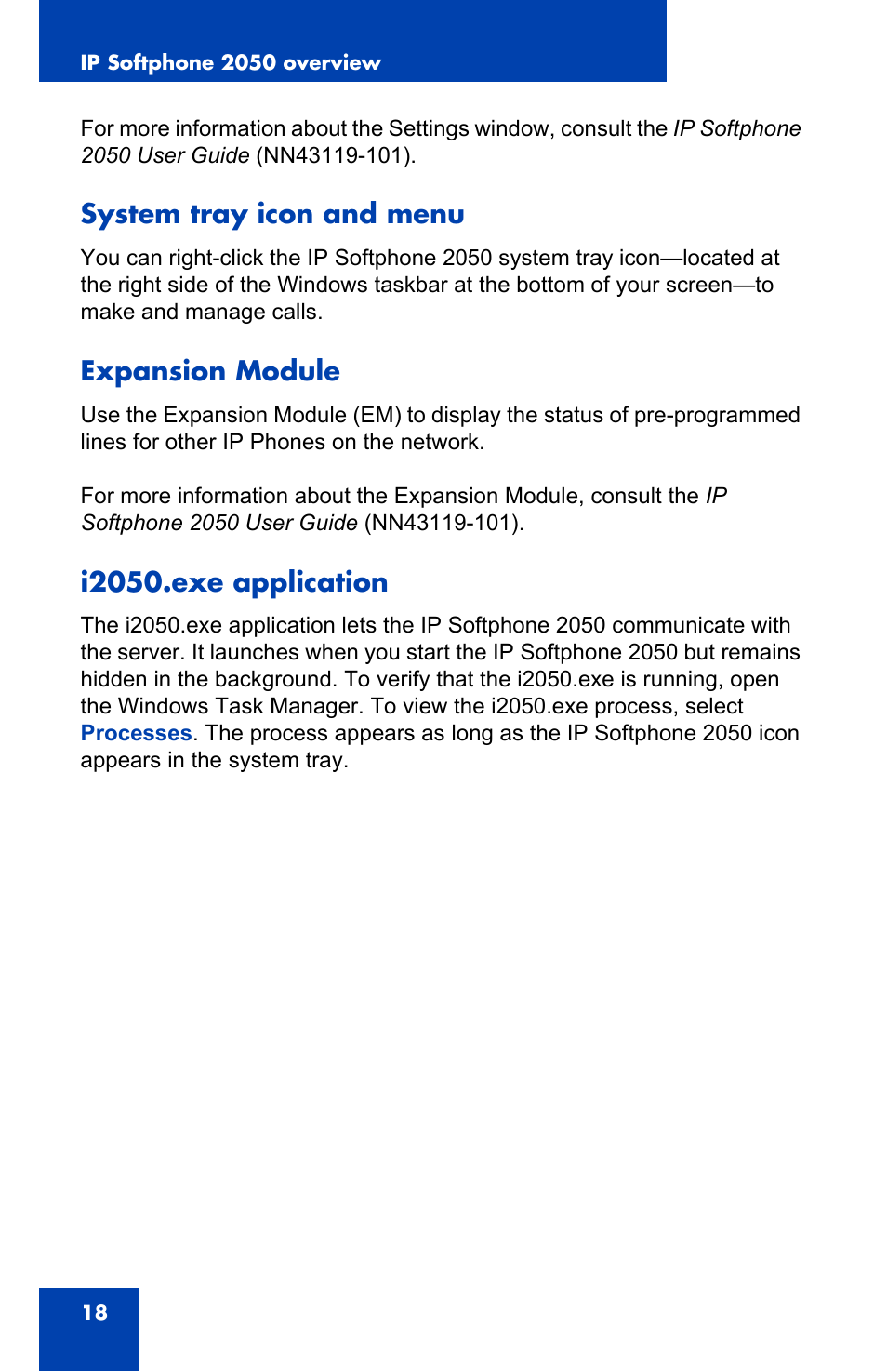 System tray icon and menu, Expansion module, I2050.exe application | Nortel Networks i2050 User Manual | Page 18 / 56