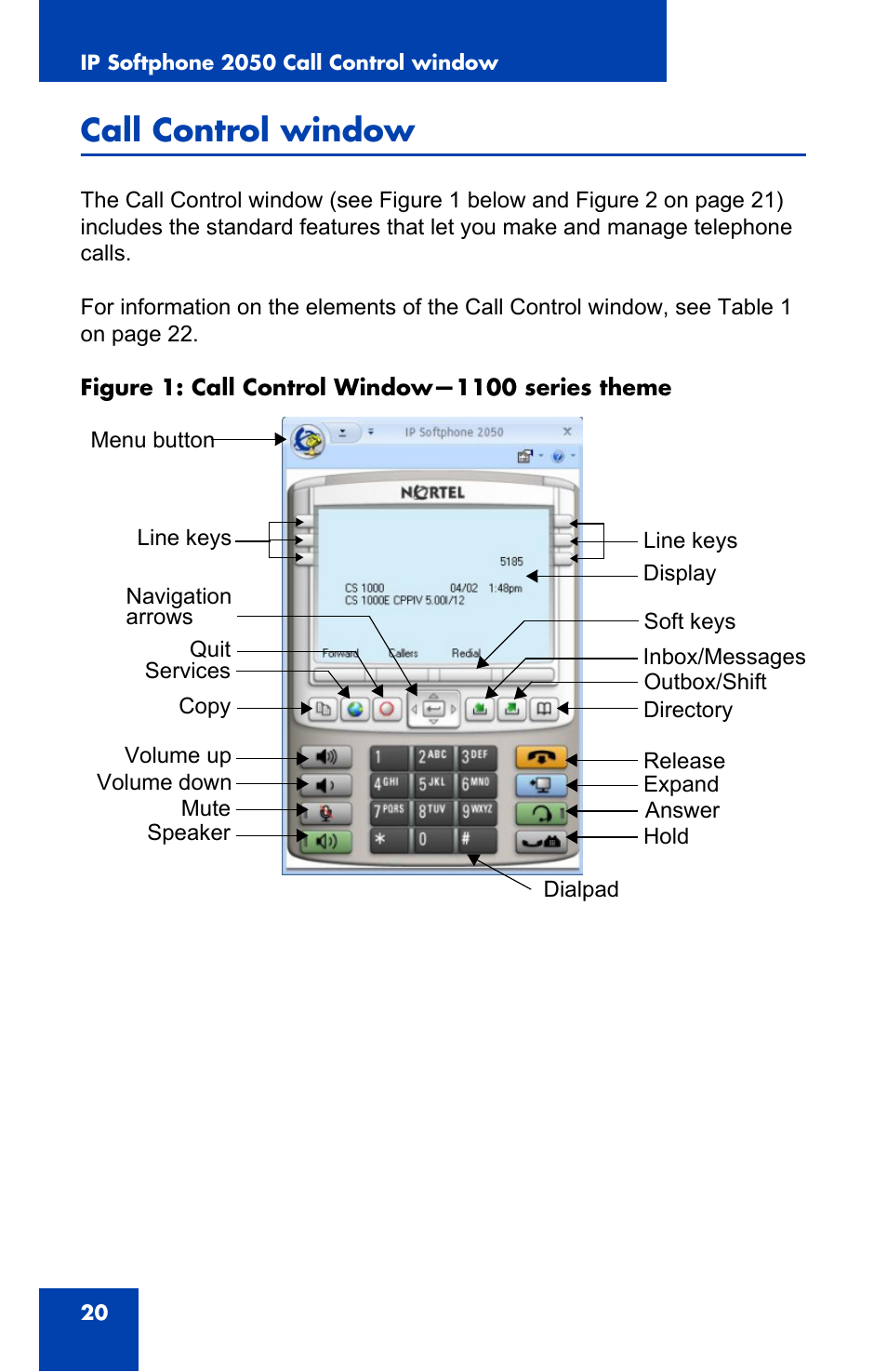 Call control window | Nortel Networks i2050 User Manual | Page 20 / 56