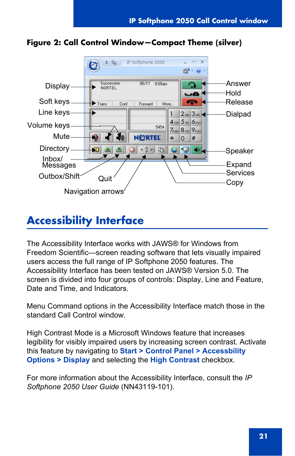 Accessibility interface | Nortel Networks i2050 User Manual | Page 21 / 56