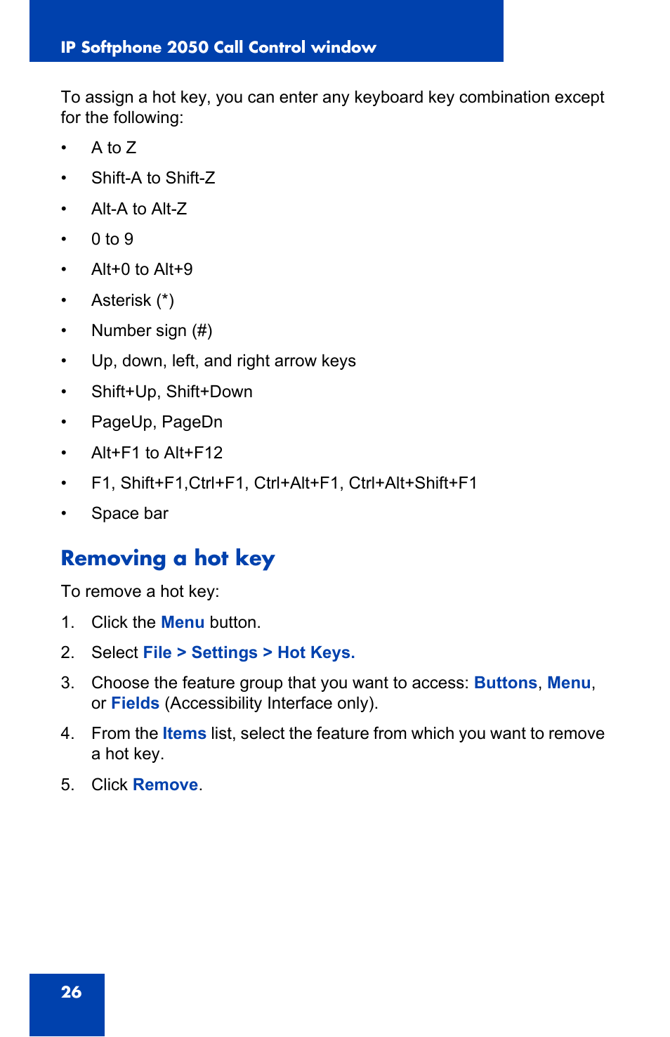 Removing a hot key | Nortel Networks i2050 User Manual | Page 26 / 56