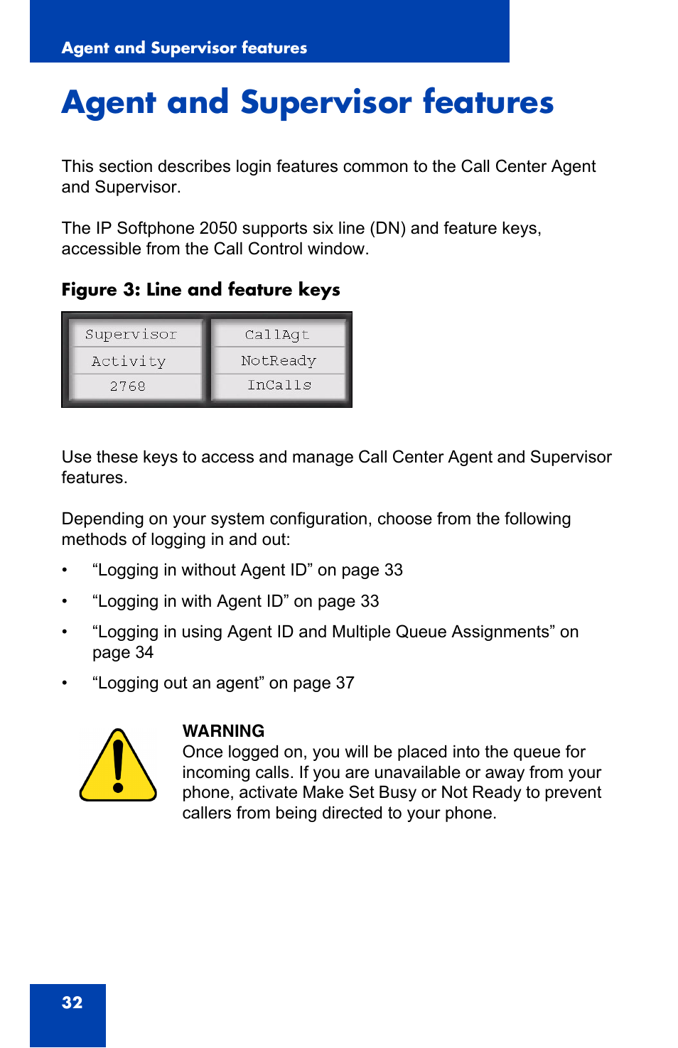 Agent and supervisor features | Nortel Networks i2050 User Manual | Page 32 / 56