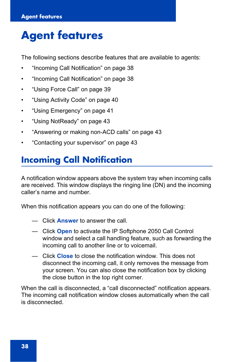 Agent features, Incoming call notification | Nortel Networks i2050 User Manual | Page 38 / 56
