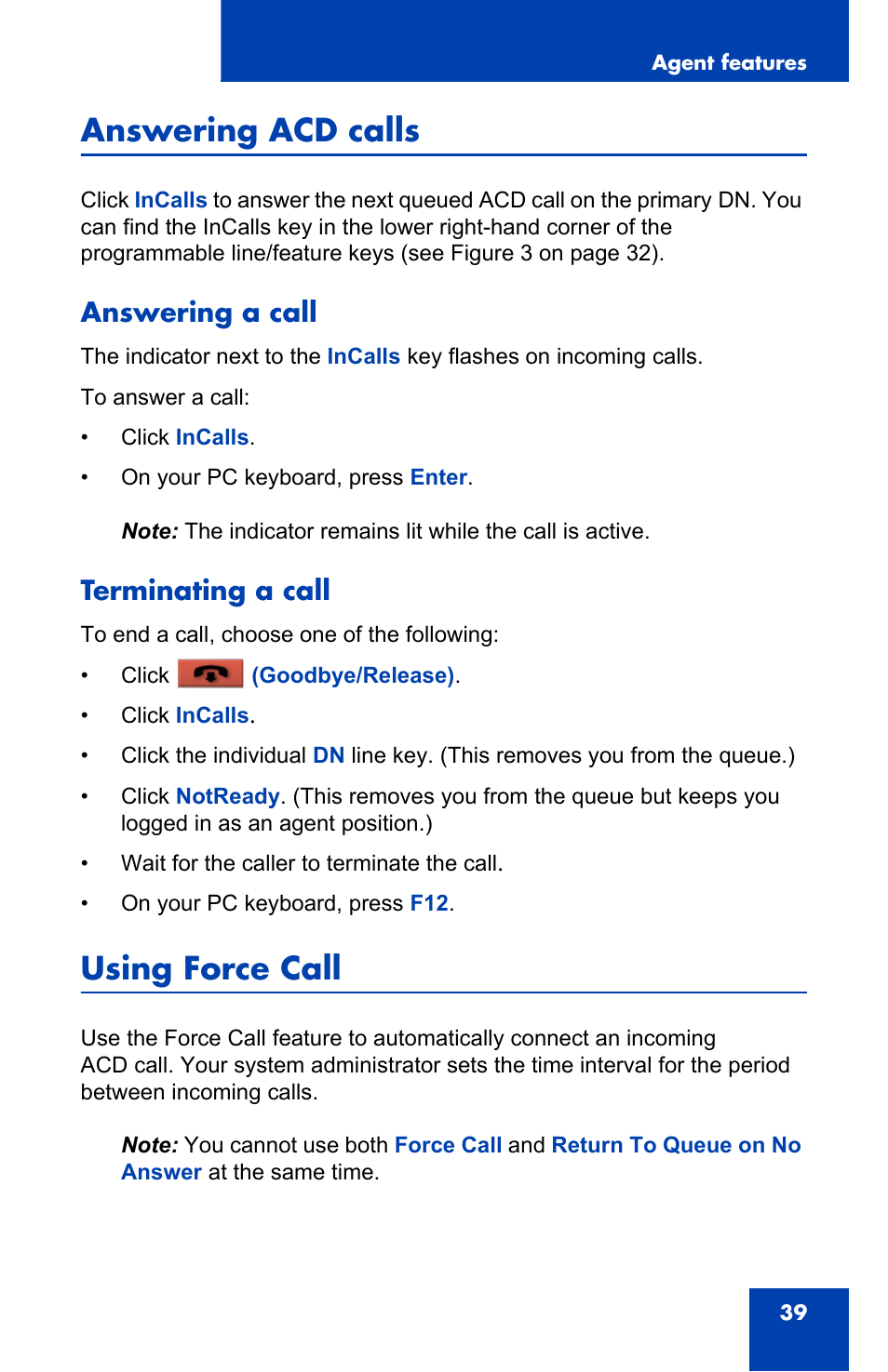 Answering acd calls, Answering a call, Terminating a call | Using force call, Answering a call terminating a call | Nortel Networks i2050 User Manual | Page 39 / 56
