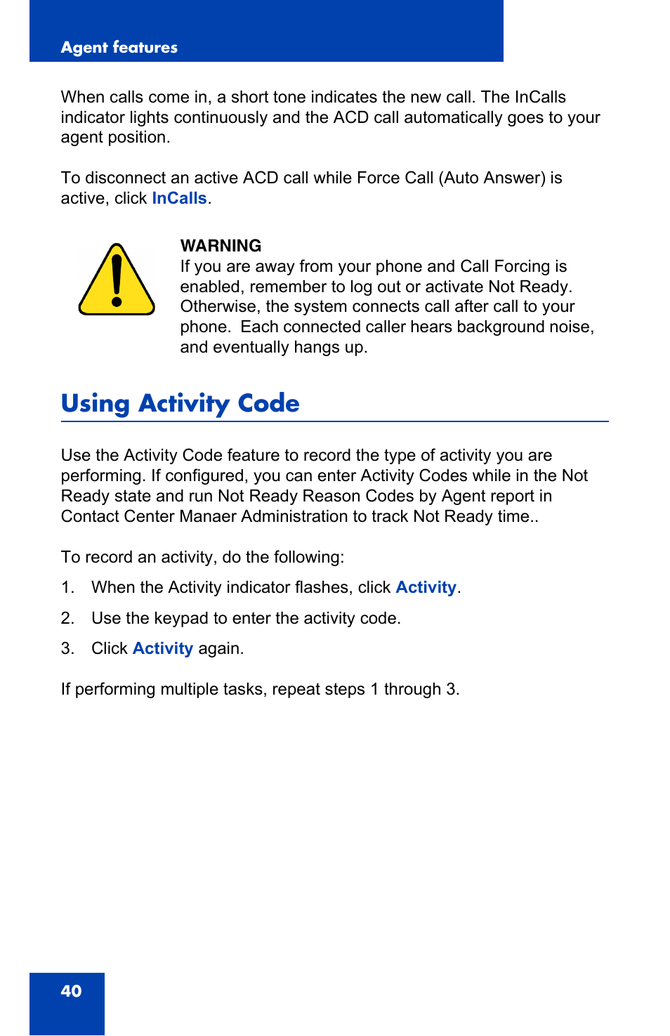 Using activity code | Nortel Networks i2050 User Manual | Page 40 / 56