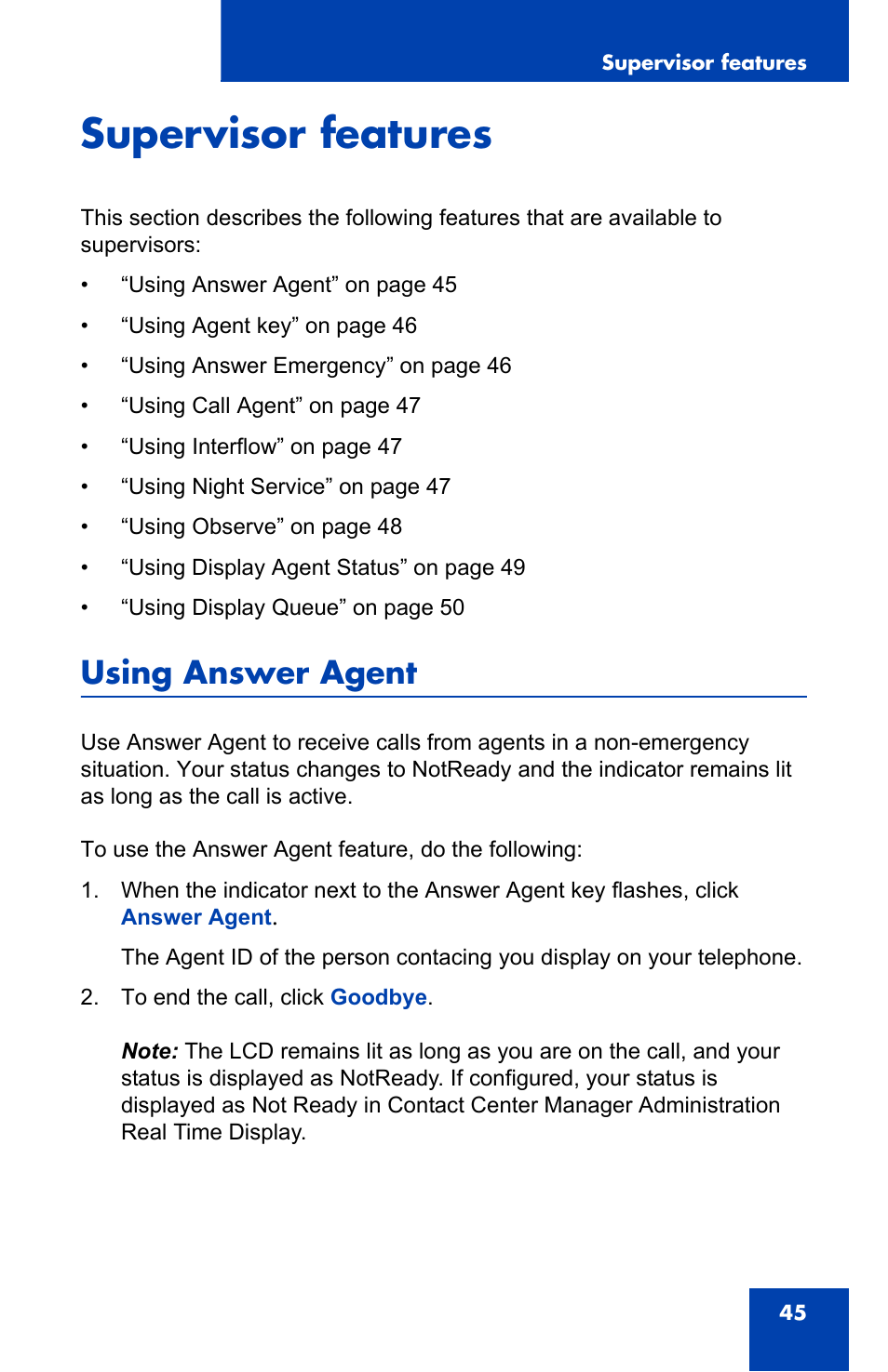 Supervisor features, Using answer agent | Nortel Networks i2050 User Manual | Page 45 / 56